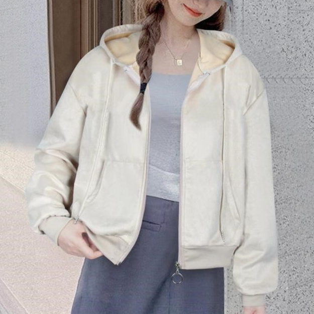 Jaket Hoodie Zipper Wanita Premium Suede Bludru Allsize Polos - Basic