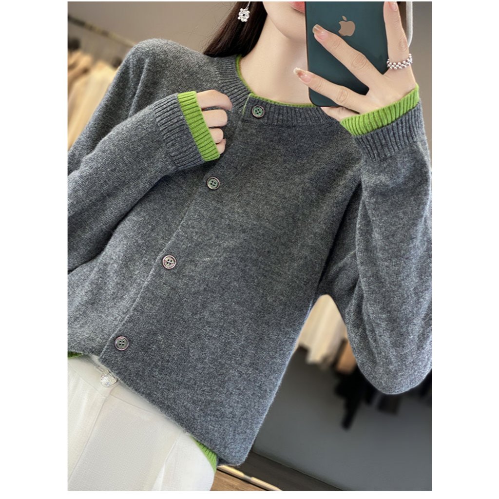 Kaos Atasan Cardigan Wol Wanita Lengan Panjang