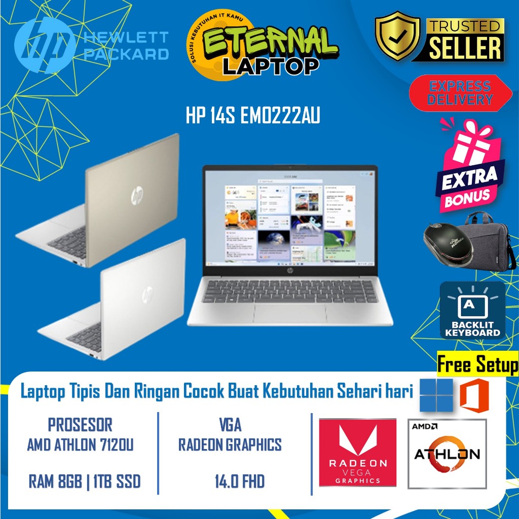 Laptop Slim HP 14S EM0222AU / EM0222AU Amd Athlon Gold 7150U Ram 8GB DDR5 1TB SSD Backlight Keyboard