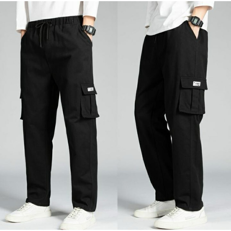 Celana Cargo Twill Pria Baggy Pants - Cargo Pants Cotton Twill Casual Kargo Korean Style Hitam