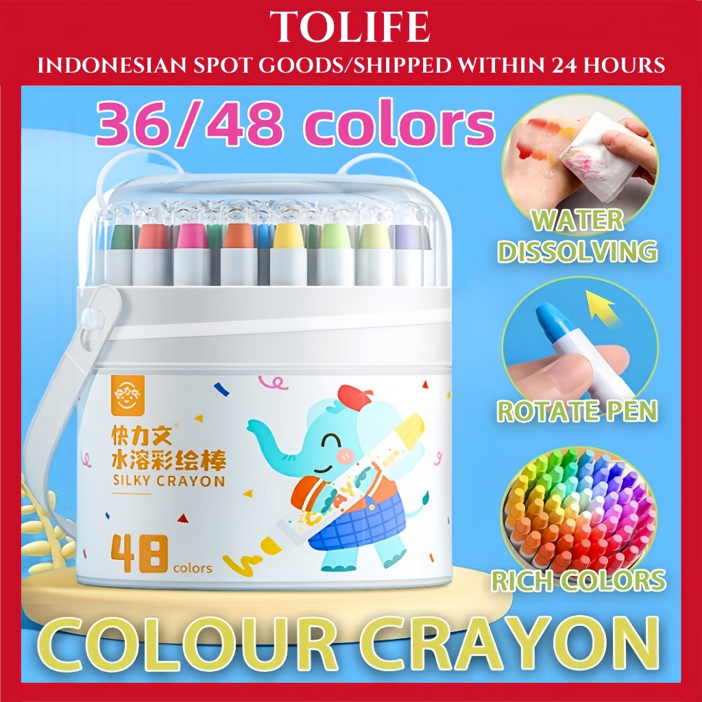 

（In Stock）Washable Silky Crayon 36 / 48 Warna Colorful Bucket Krayon Mewarnai Alat Warna Set Anak Wipe and Clean