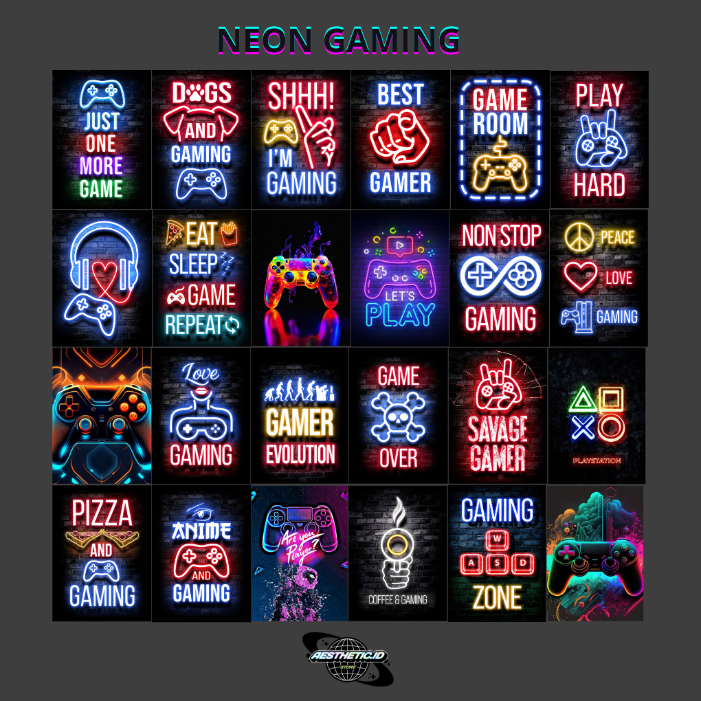 32PCS Poster Neon Gaming Ukuran a5 Poster Dinding Kamar Aesthetic