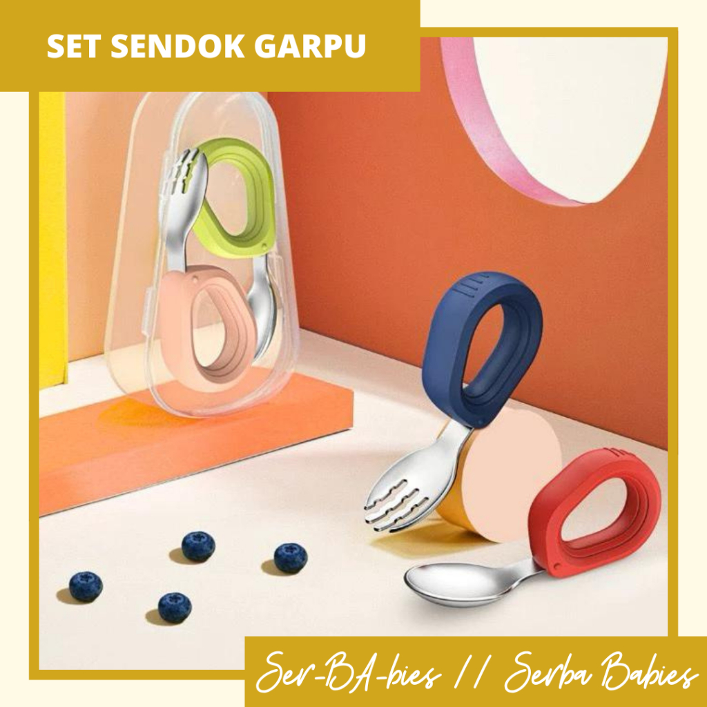 Serbabies - 1 set Sendok garpu training Stainless Steel bayi - Sendok Belajar Makan Sendiri Bayi 6 B