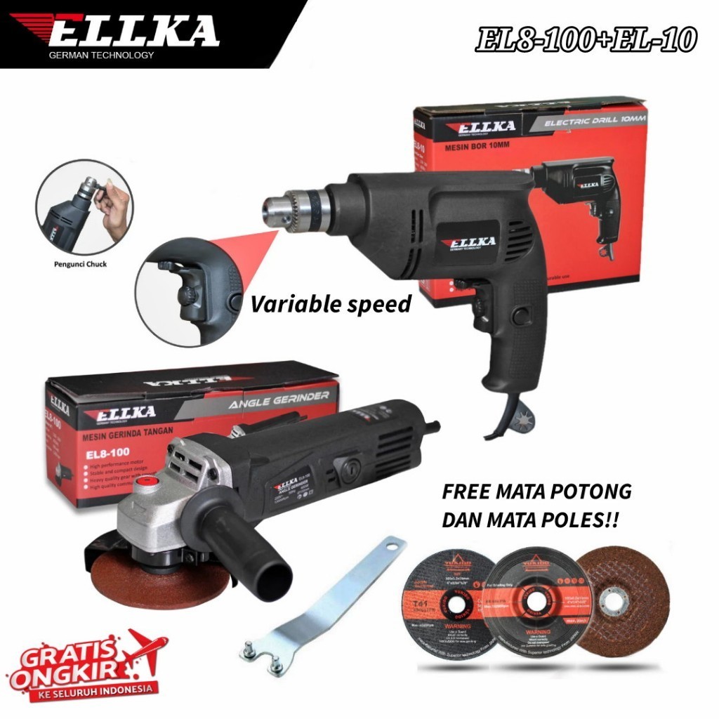 PAKET 2 ITEM ELLKA  Mesin gerinda Tangan 4 inch ELLKA + Mesin Bor 10mm Set Bolak Balik Termurah