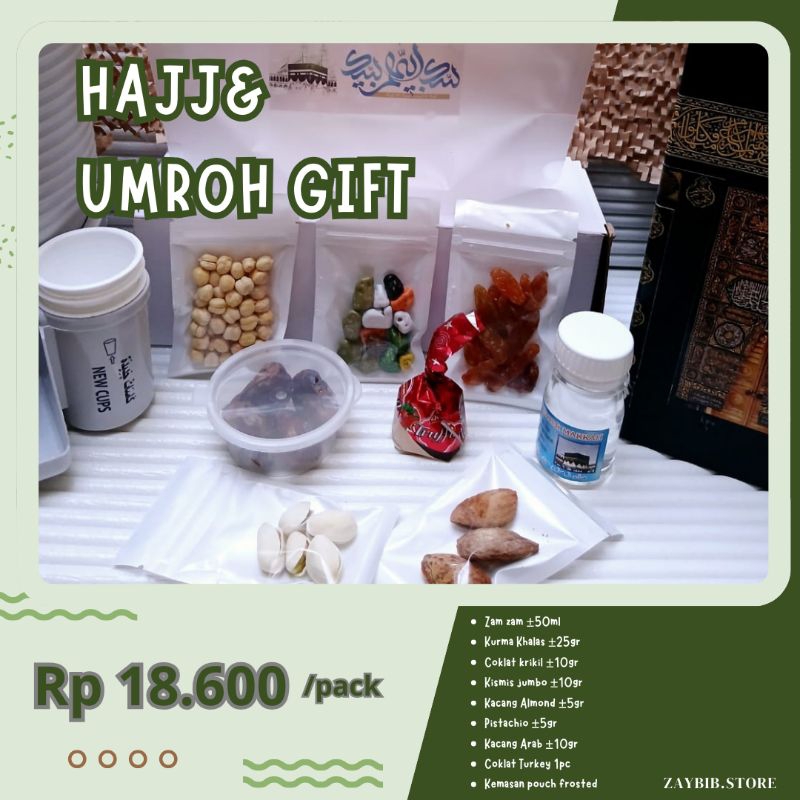 

Oleh Oleh Haji dan Umroh /Kurma Air ZamZam Kismis Cokelat Haji Umroh Gift kemasan pouch forsted