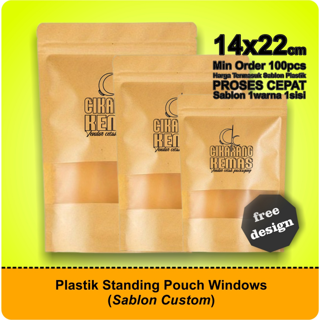 Standing Pouch Window Alumunium Foil 14x22 Custom Sablon Free Design