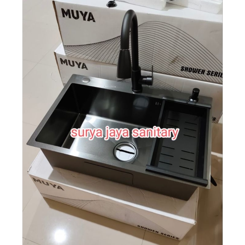 Kitchen Sink 6845 black paket kran tarik / Kitchen sink 1 Lobang  6845 hitam set  kran tarik