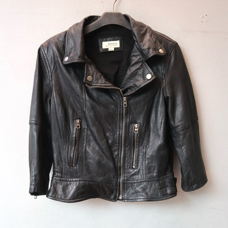 Bershka kulit domba crop Jaket kulit asli cewek wanita ramones biker rider jaket motor cewek leather