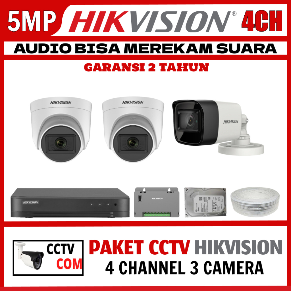 PAKET CCTV HIKVISION 5MP 4 CHANNEL 3 CAMERA TURBO HD KAMERA CCTV TURBO HD