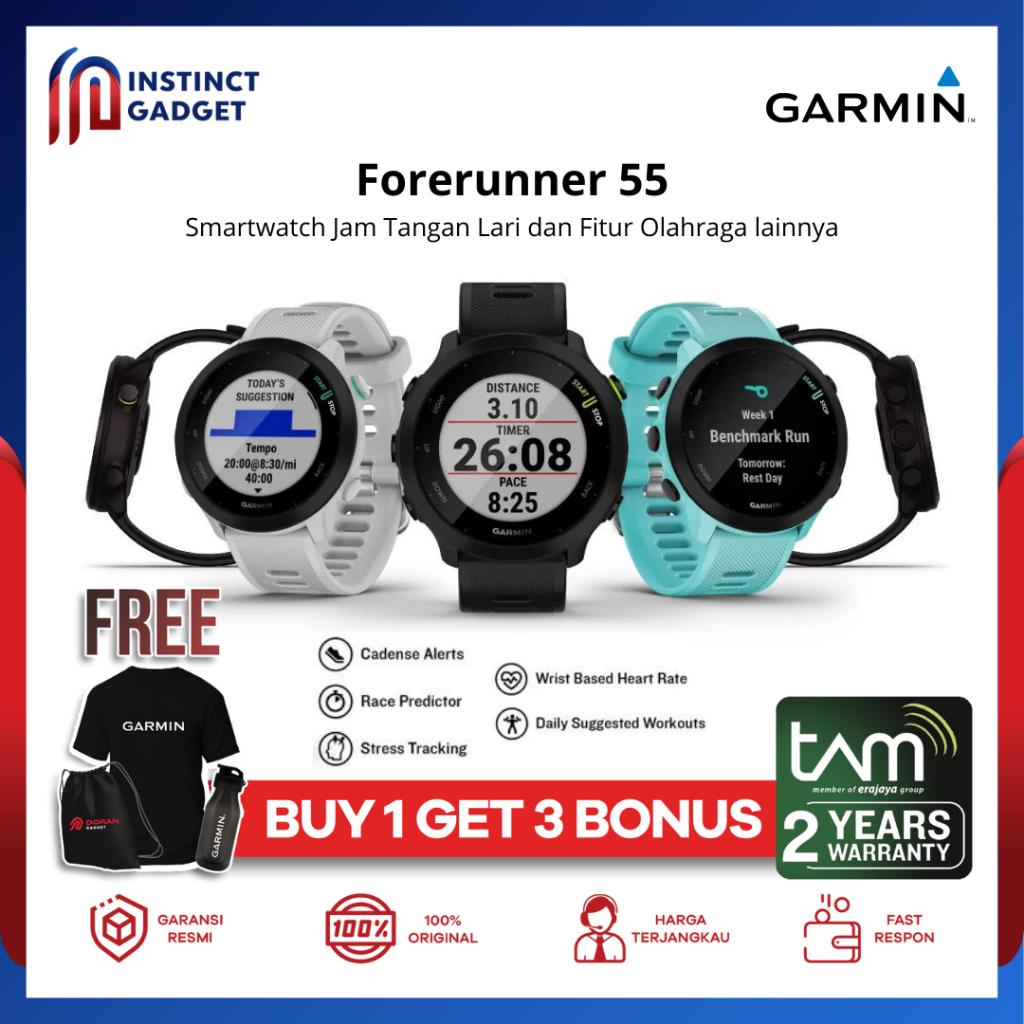 Garmin Forerunner FR 55 FR55 Black | White | Aqua | Monterra Grey - Garansi TAM 2 Tahun