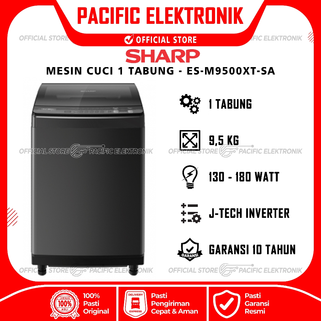 Mesin Cuci Sharp Inverter 1 Tabung Top Loading 9.5kg ES-M9500XT-SA / 9500XTSA / 9500XT