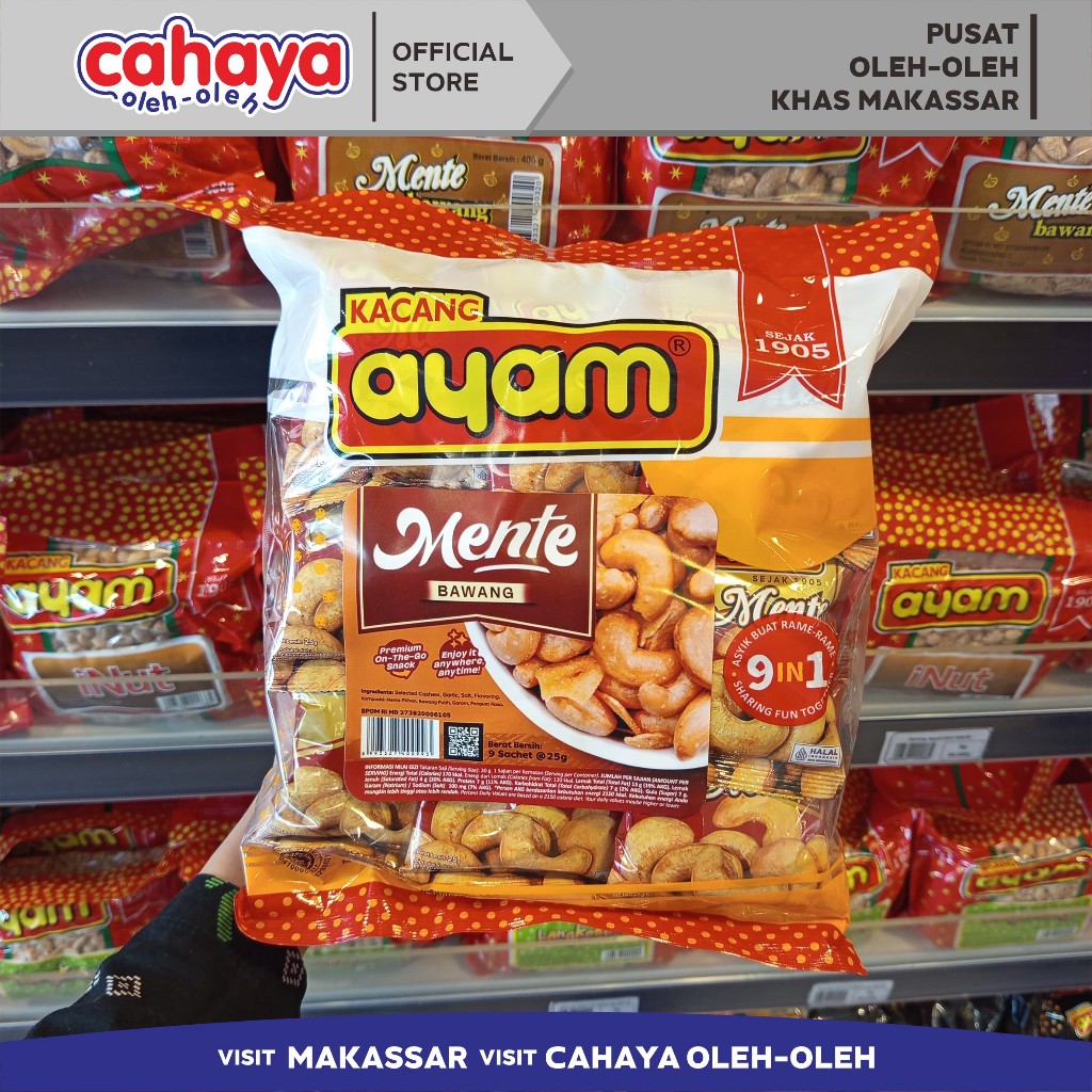 

Kacang Mente Bawang / Kacang Mede Kacang Ayam Cahaya Oleh Oleh Khas Makassar 225gr 9 in 1