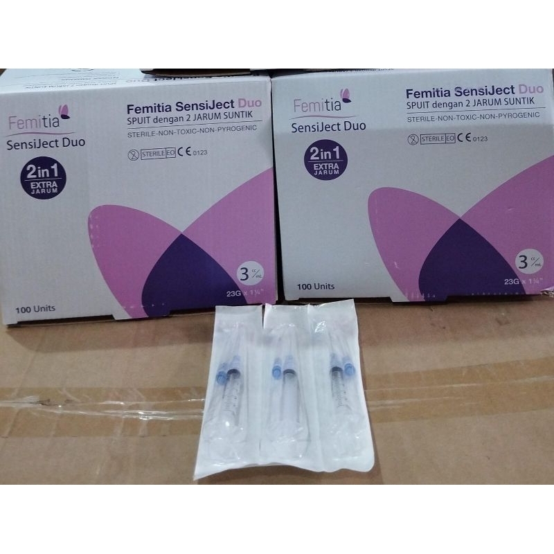 Spuit 3 cc 2in1 / Syringe / Jarum Suntik / Femitia SensiJect Duo (1 Box isi 100 pcs)