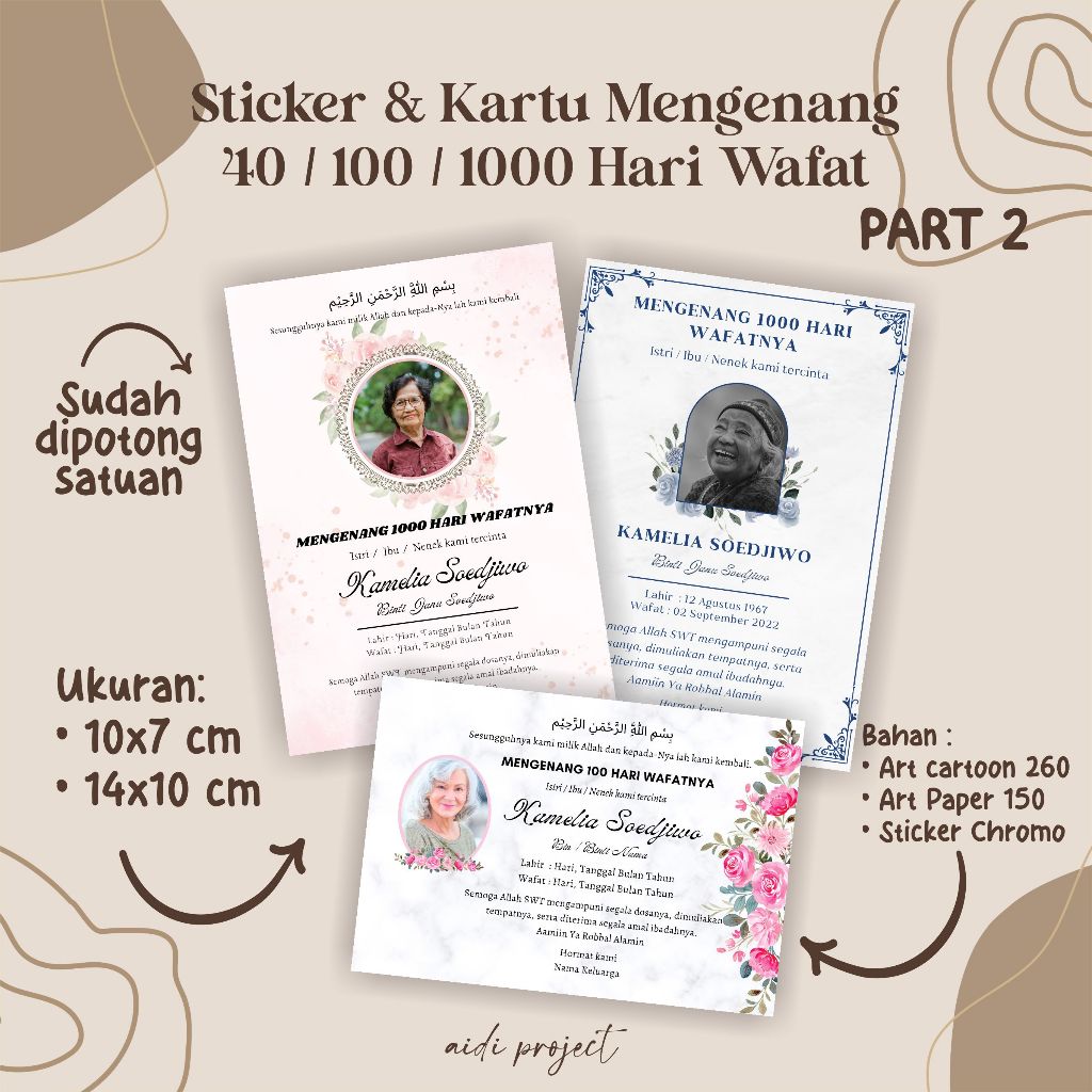 Cetak Kartu/Stiker Mengenang 40/100/1000 Hari Wafatnya, Tahlil,