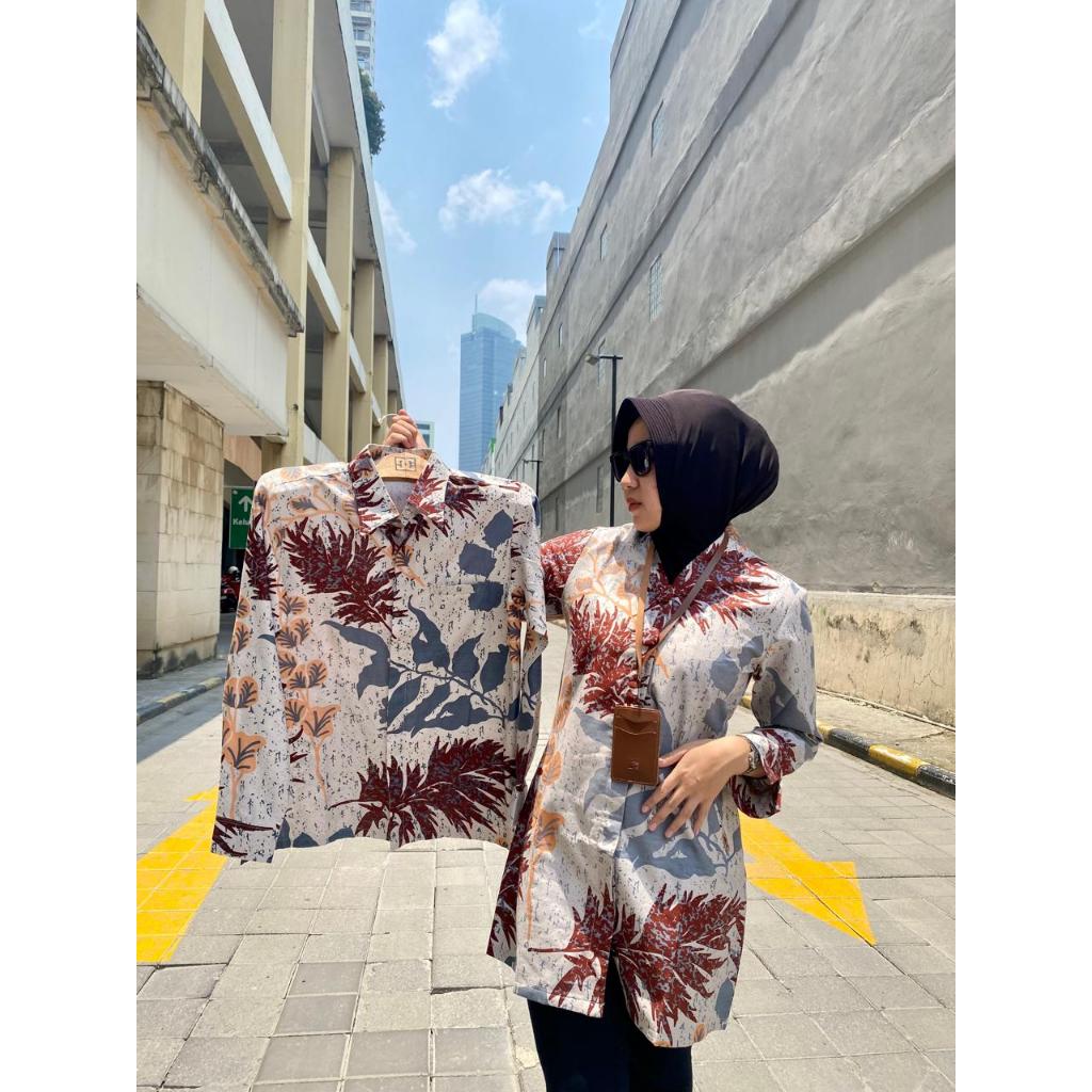 SET COUPLE BATIK modern Putih abu daun Habibi Batik