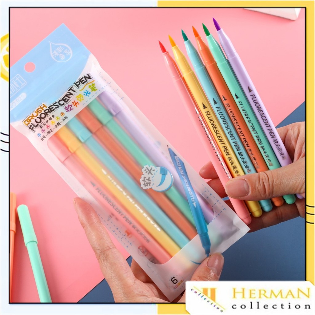 

HC Set 6pcs Brush Pen Murah Highlighter Pen Calligraphy Brush Lettering Aesthetic Vintage Warna Warni Brush Marker Pena Kuas Warna Pulpen Brush Marker Highlighter Warna Pastel Random