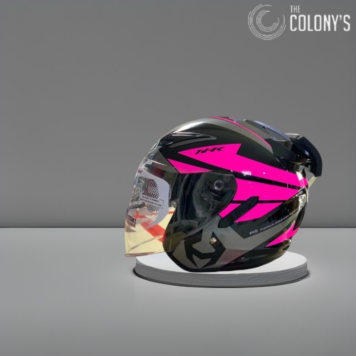 HELM HALF FACE NHK R1 NHK R-1 MOTIF NEMA BLACK RED SILVER DOUBLE VISOR