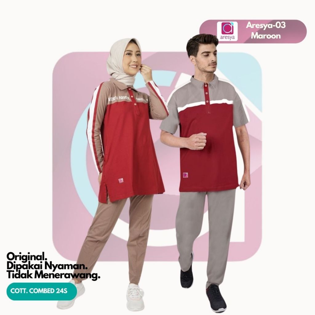 ARESYA - Setelan Baju Olahraga Couple Pria Wanita Muslim Aresya-03 Maroon