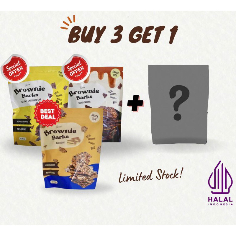 

Brownie Barks Paket Hemat Brownie Crispy 3 Rasa ( 1 Pcs Sea Salt Choco Chip 70 GR + 1 Pcs Salted Caramel 70 GR + 1 Pcs Martabak 60 GR + FREE 1 Pcs)