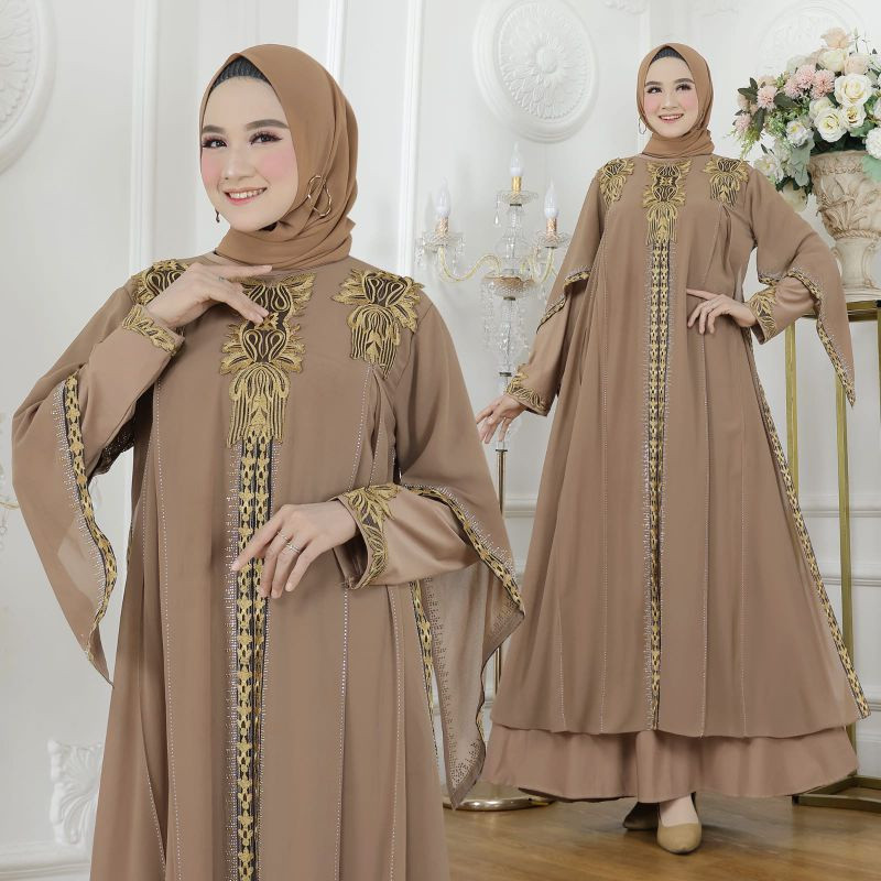 Gamis Abaya Turkey Coksu Bahan Jersey Mix Ceruty Bordir / Baju Busana Maxi Dress Muslim Wanita - Ros