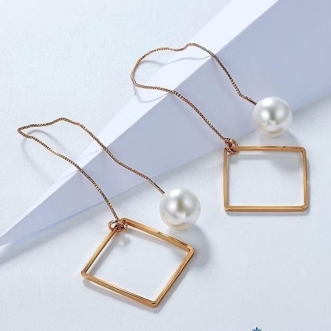 Anting stud panjang Kotak Mutiara warna emas merah muda