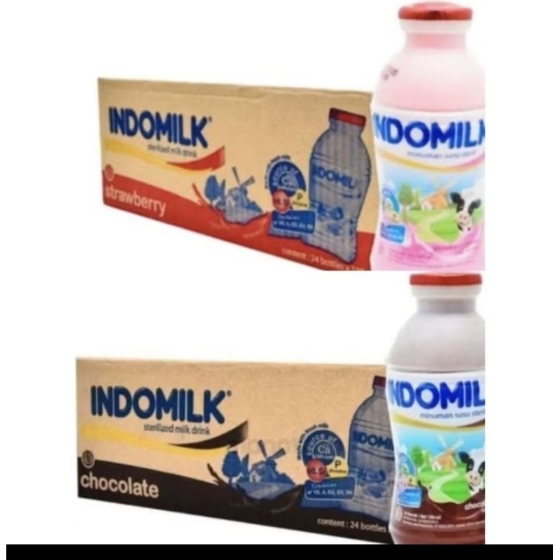 

Indomilk Susu UHT Cair Botol Rasa Cokelat Stroberi 1Dus isi 24 Botol @190 Ml