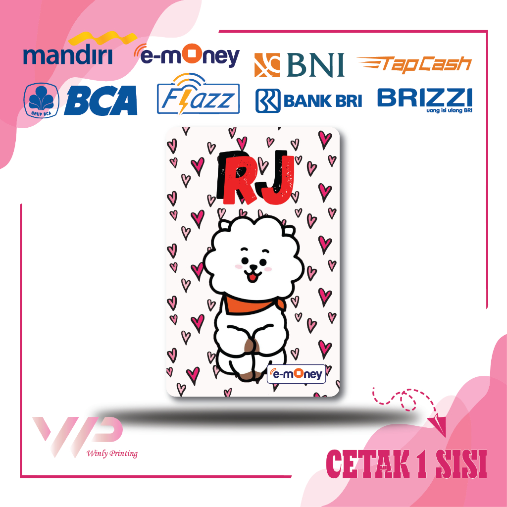 KARTU EMONEY GAMBAR KUMPULAN BT21 RJ LUCU IMUT CUTE WHITE PUTIH 15  E MONEY E TOLL MANDIRI FLAZZ BCA