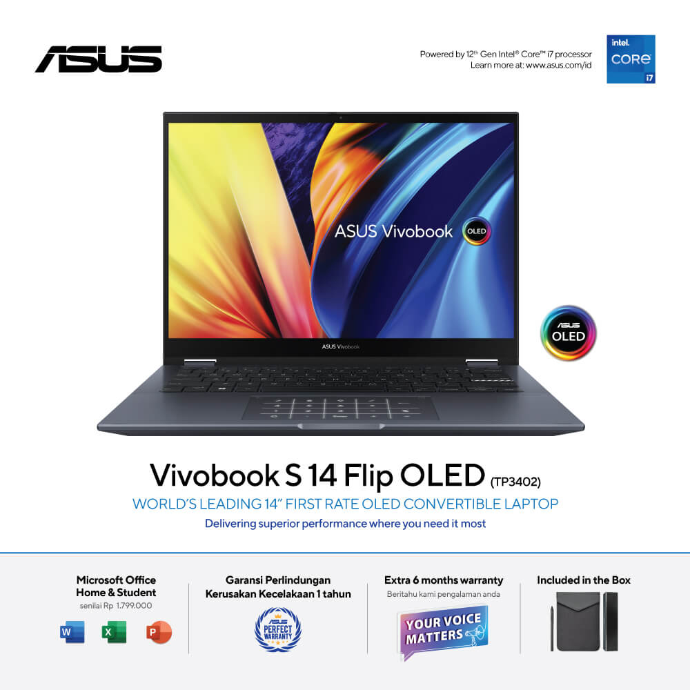 ASUS VIVOBOOK S14 FLIP OLED TP3402VA CORE I7 13700H MEMORI 16 GB SSD 512 GB WIN 11 + OHS