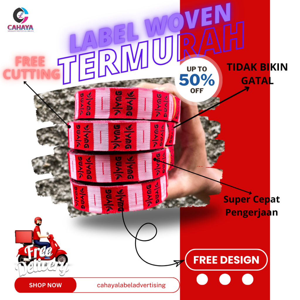 

1.5x4 cm Label Woven Damask / Label Baju Rajut / Label Bordir / Label Baju / Label Celana / Label Murah Free Desain