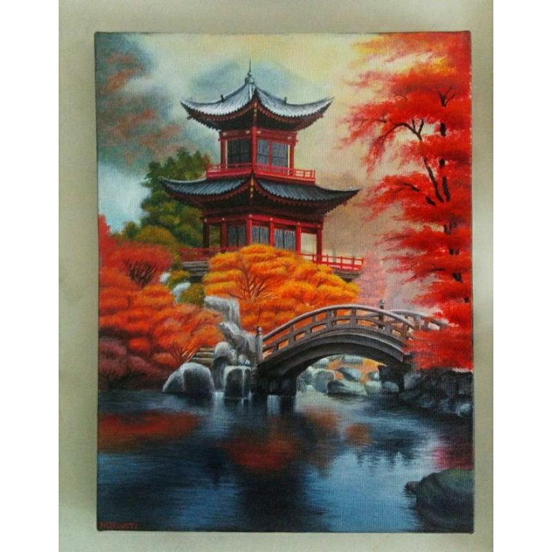 Lukisan kuil kanvas 30x40 cm, Lukisan kuil cina, lukisan pemandangan, lukisan original tangan, lukis