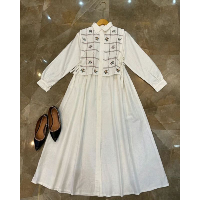 Gamis Bordir Timbul Amara Dress Polo Linen Gamis Pesta Mewah elegan Gamis Putih Bordir Bunga Gamis P