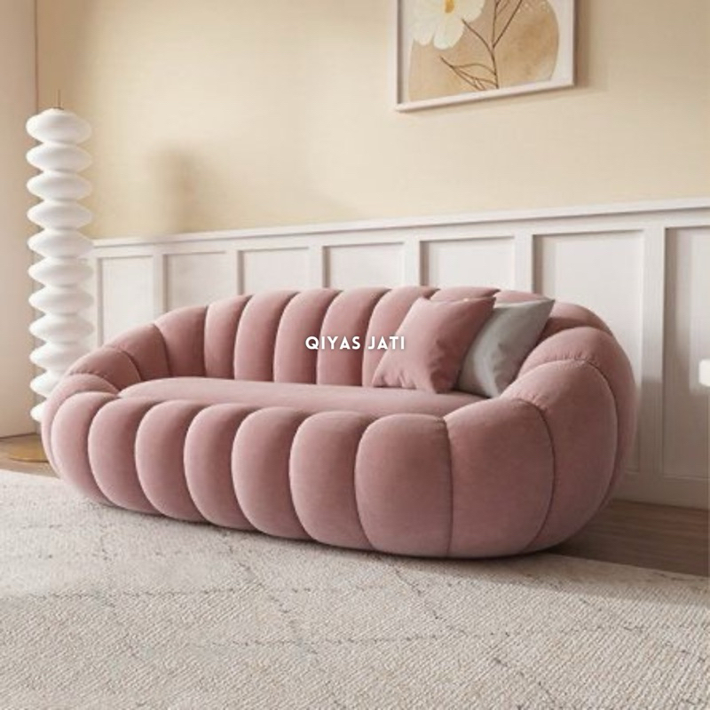 Sofa ruang tamu minimalis, Sofa tv aesthetic rangka jati oval, Sofa 3 seater japandi style