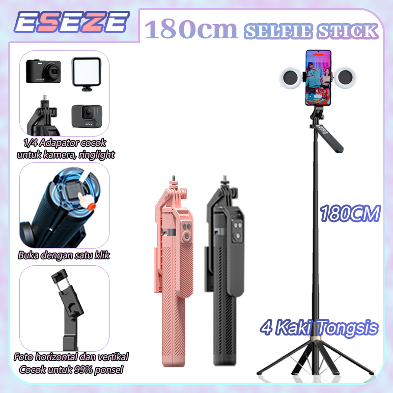 Eseze 180CM Tongsis HP Kamera Paduan aluminium Selfie Stick Tripod Bluetooth Remote LED Lampu Tripod