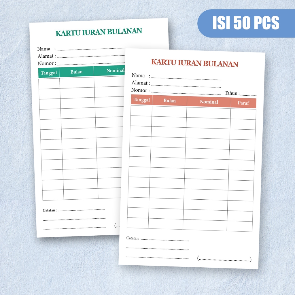 (ISI 50 PCS) Kartu Pembayaran Iuran bulanan / Warga / Kartu SPP / Iuran Sampah / Kas