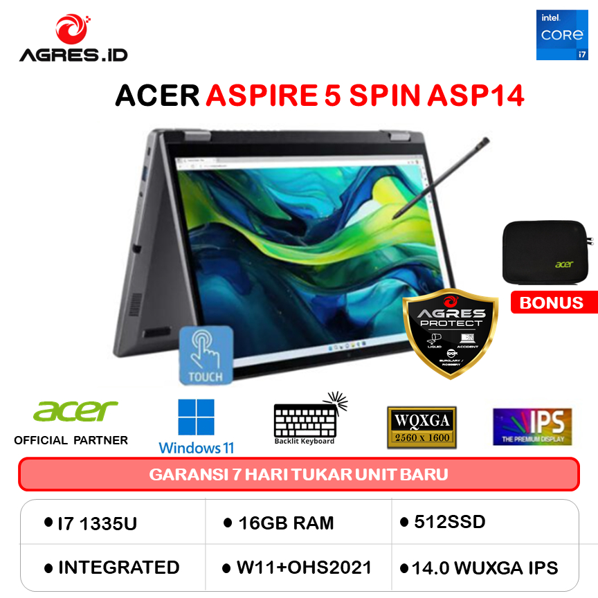 ACER ASPIRE 5 SPIN A5SP14 TOUCH I7 1355 16GB 512GB W11PRO+OHS 14.0WUXGA FP PEN 2IN1 GRY -51MTN.7819