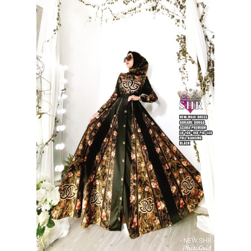 Shr Maxi Dress Gurame Bunga Scuba Premium Hitam