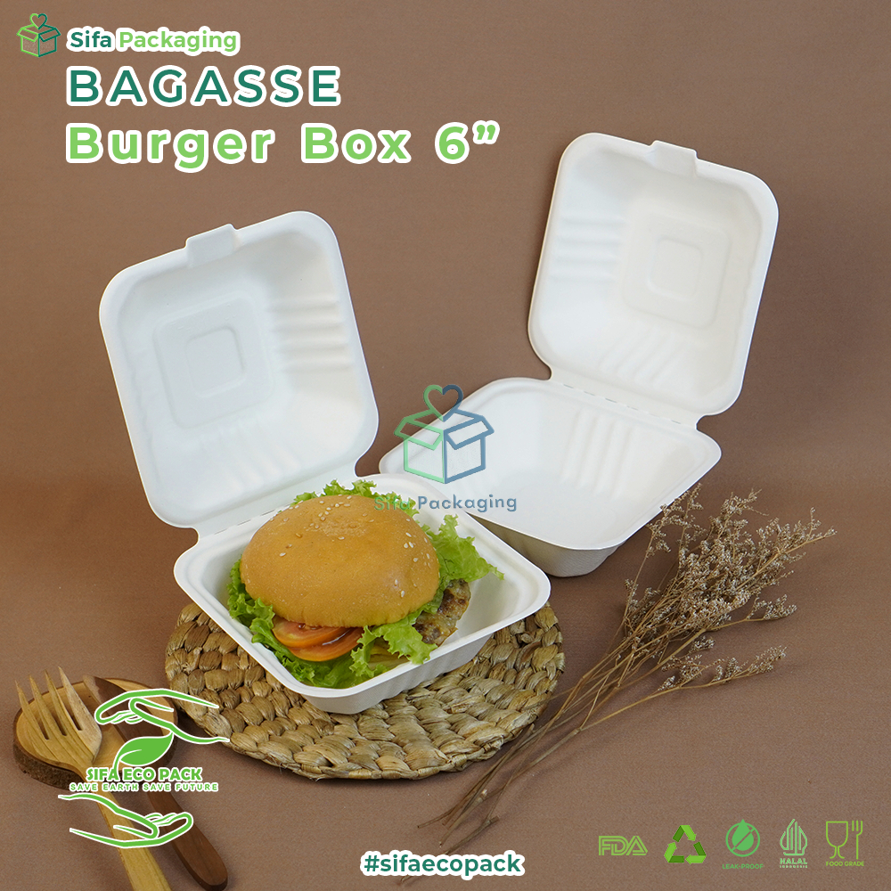 Bagasse Burger Box 6" Korean Bento Mini Cake Kotak Makanan Dimsum Takoyaki Kue Kemasan Sekali Pakai 