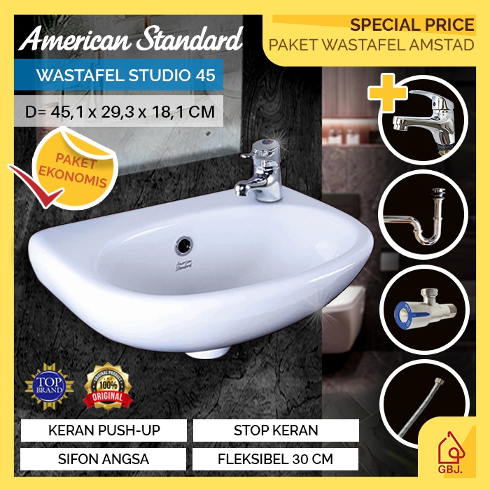 SET WASTAFEL GANTUNG AMERICAN STANDARD STUDIO 45 KOMPLIT + KERAN + STOP KERAN + SIFON ANGSA + FLEKSI