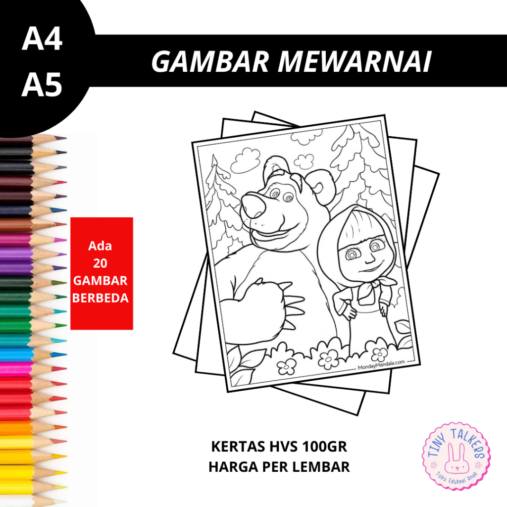 

Mewarnai Gambar Masha and The Bear untuk TK SD PAUD Kertas HVS 100gr Bukan Buku Mewarnai