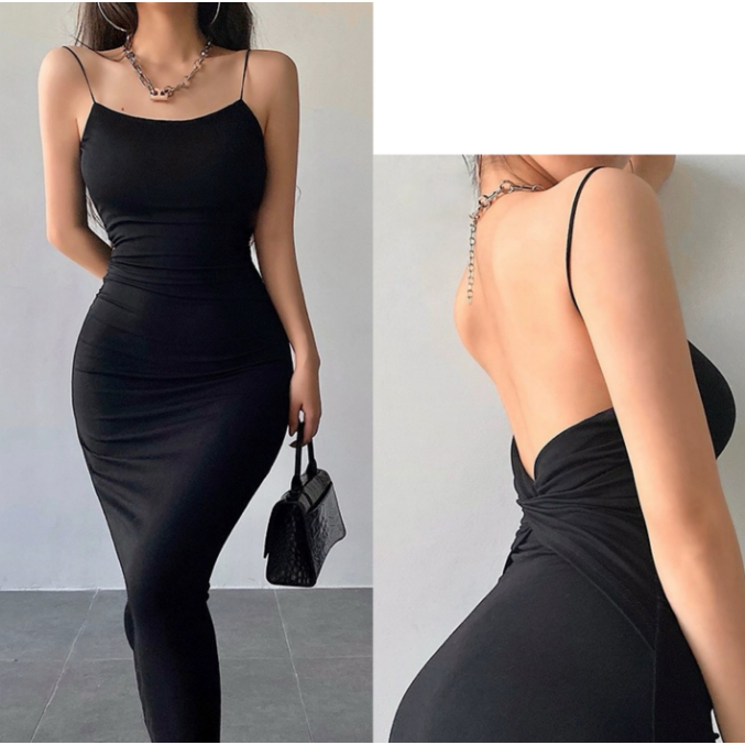 EMITA BLOOM dress hitam korean style Pas Body backless tanpa lengan midi dress terbaru 2025 pantai E