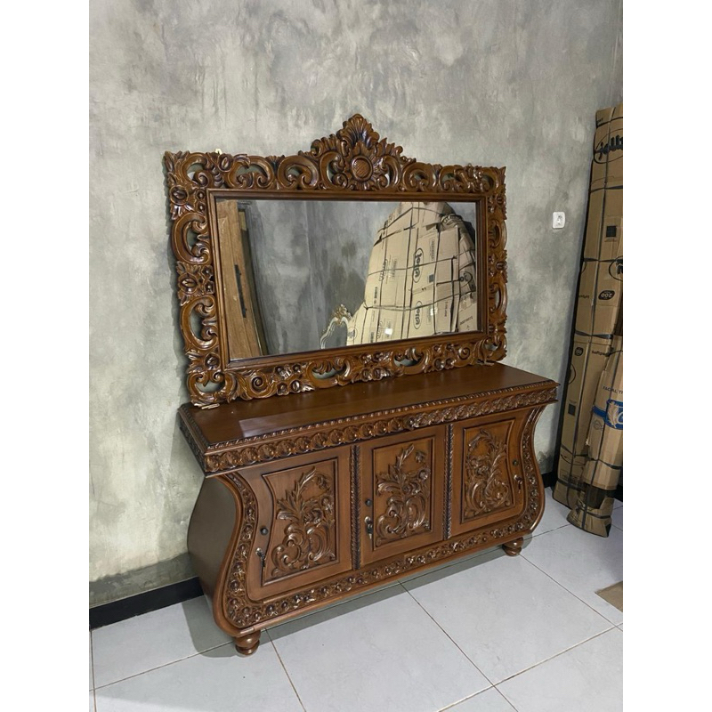 PROMO 1 SET bufet tv ukir kayu jati bufet ruang tamu dan kaca rias dinding harga murah