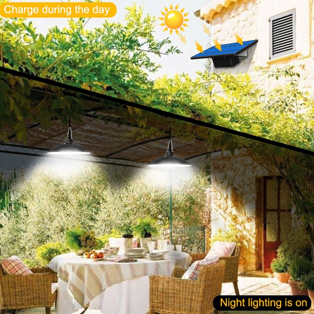 Lampu Taman Tenaga Surya Solar Cell Panel Matahari Gantung Bohlam Halaman Teras Dua Satu LED Gantung