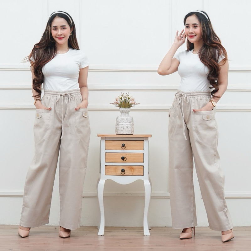 Celana Kulot Wanita Highwaist Korean Style Kekinian Kantong Depan Variasi Kancing
