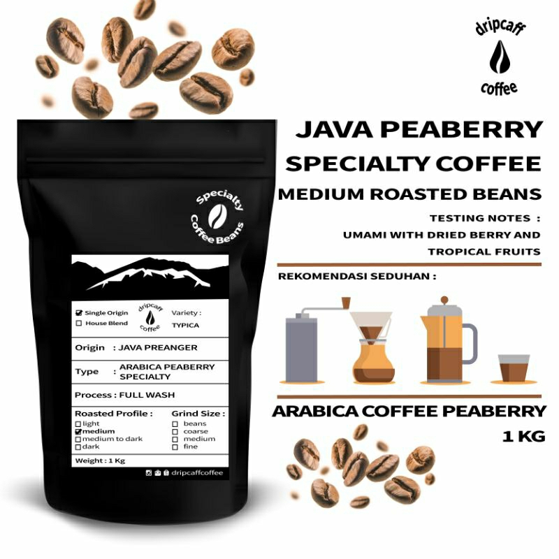 

DRIPCAFF Kopi Arabika Lanang Java Peaberry Specialties 1 Kg Biji Bubuk Alami Asli Stock Terbatas