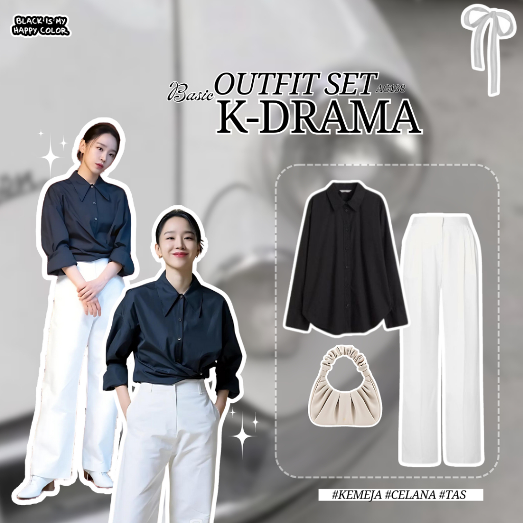 3in1 One Set Korean Style Wanita OOTD KOrean Style K-Drama Kemeja Hitam Celana Putih Set Tas Slempan