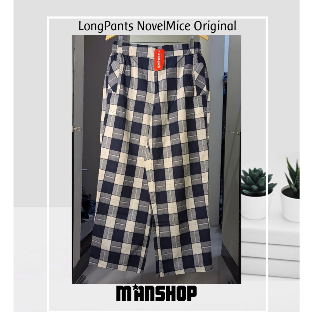 NovelMice Textured Cotton Long Pants Novel Mice Celana Katun Tartan Wanita Original