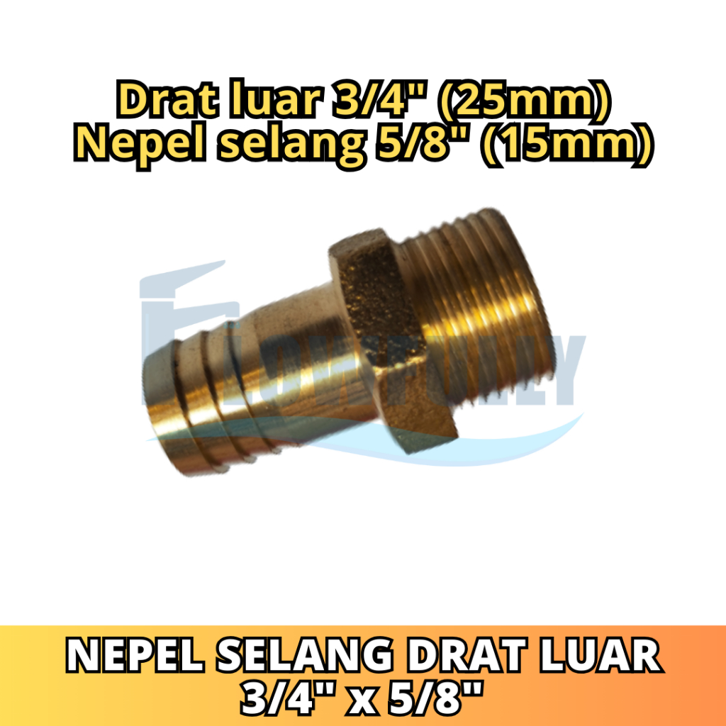 NEPEL SELANG DRAT LUAR 3/4 X 5/8 INCH KUNINGAN SAMBUNGAN DRAT LUAR