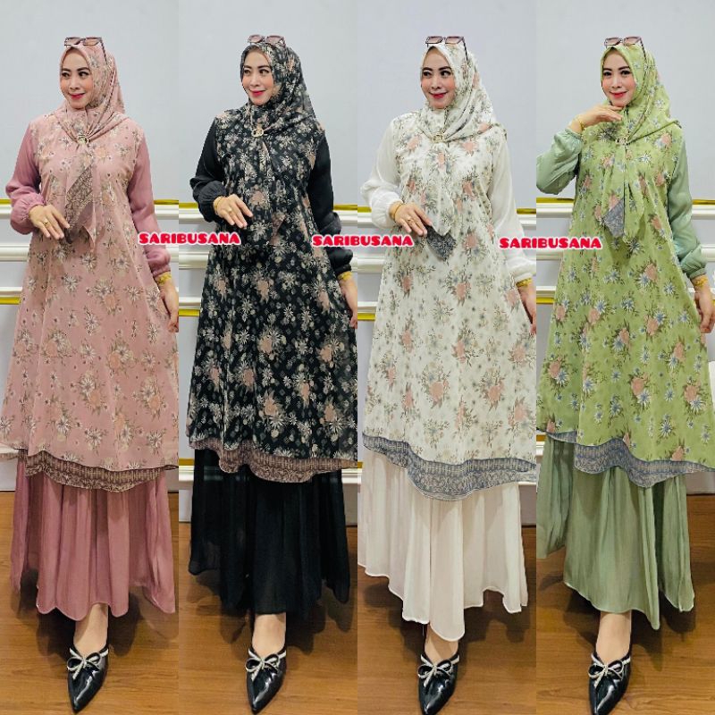 Gamis Mewah Ceruty Babydoll Premium Dua Layer Polos Mix Motif Set Hijab