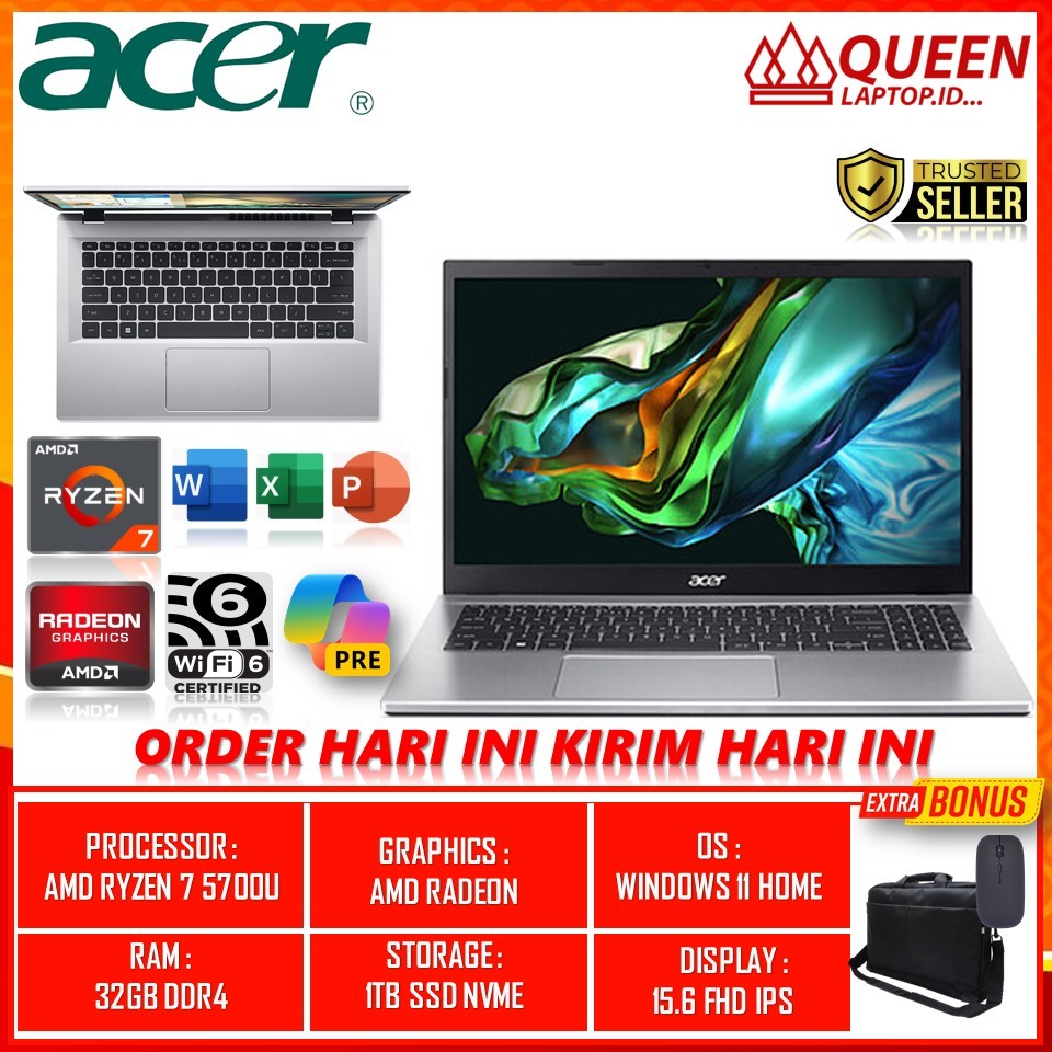LAPTOP GAMING MURAH ACER ACER ASPIRE 3 SLIM A315-44P RYZEN 7 5700U RAM 32GB SSD 1TB NVME WIN11 TERLA
