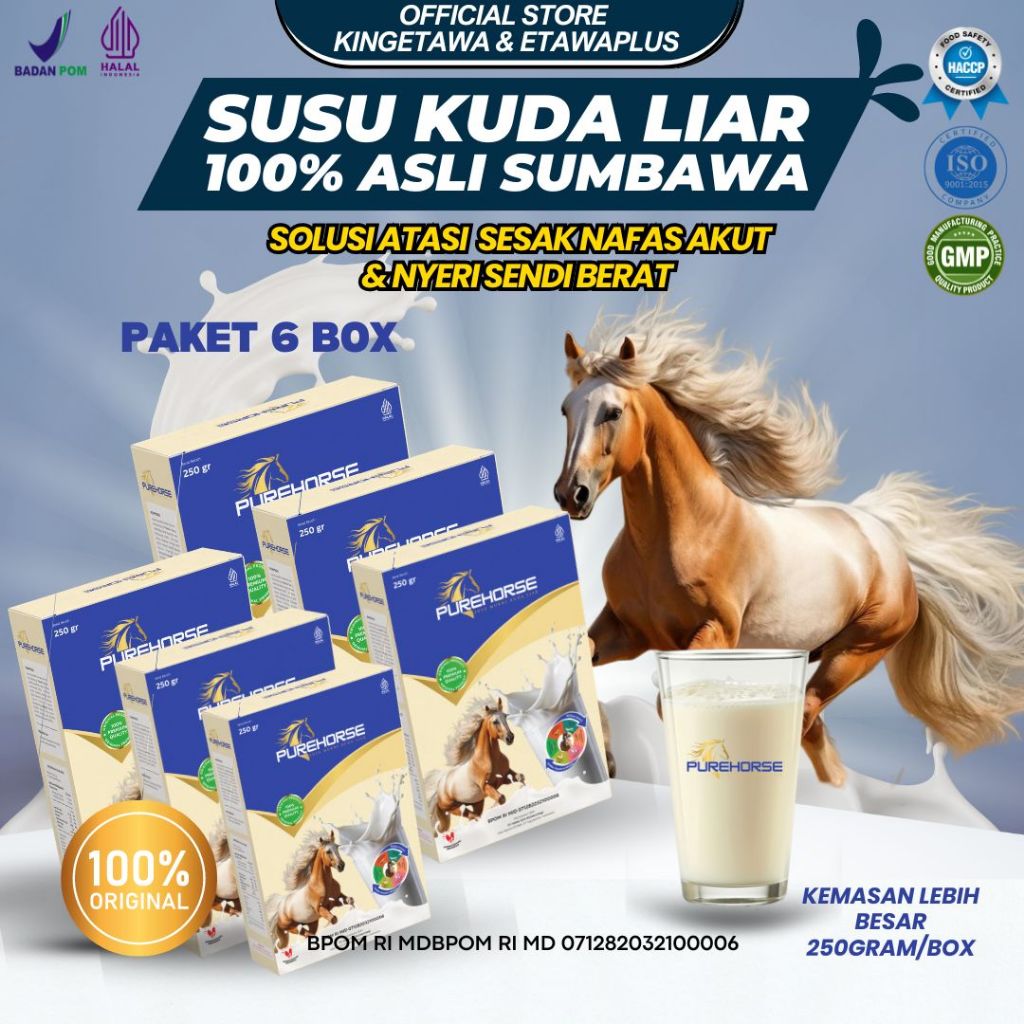 

Susu Kuda Pure Horse 100% Original dari Sumbawa Untuk Keluhan Sesak Nafas Akut dan Nyeri Sendi Berat Kemasan 250gram Paket 6 Box